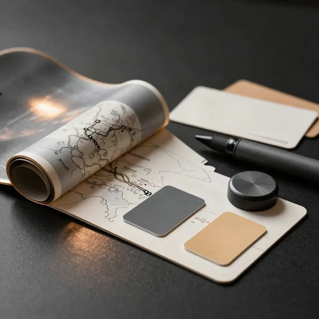 AR strategy workshop deck with sample chips, route strip and marker puck on a dark studio surface