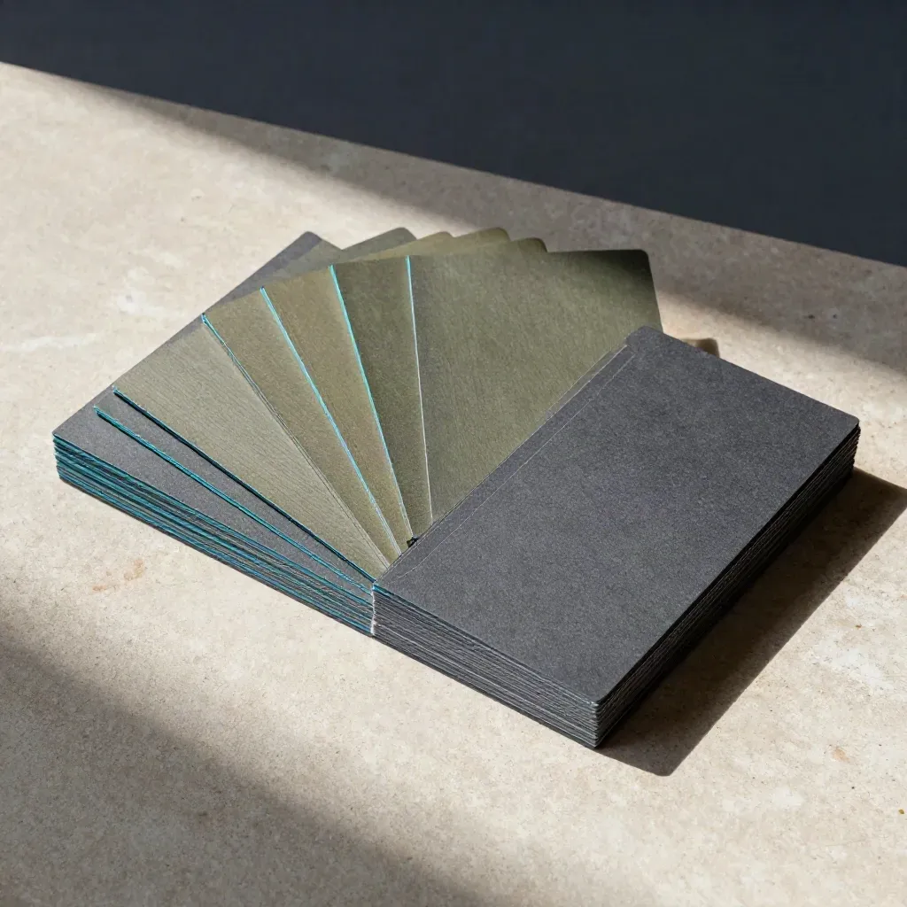 Overhead flatlay of a pitch deck folio with cue tiles and cyan accents on stone.
