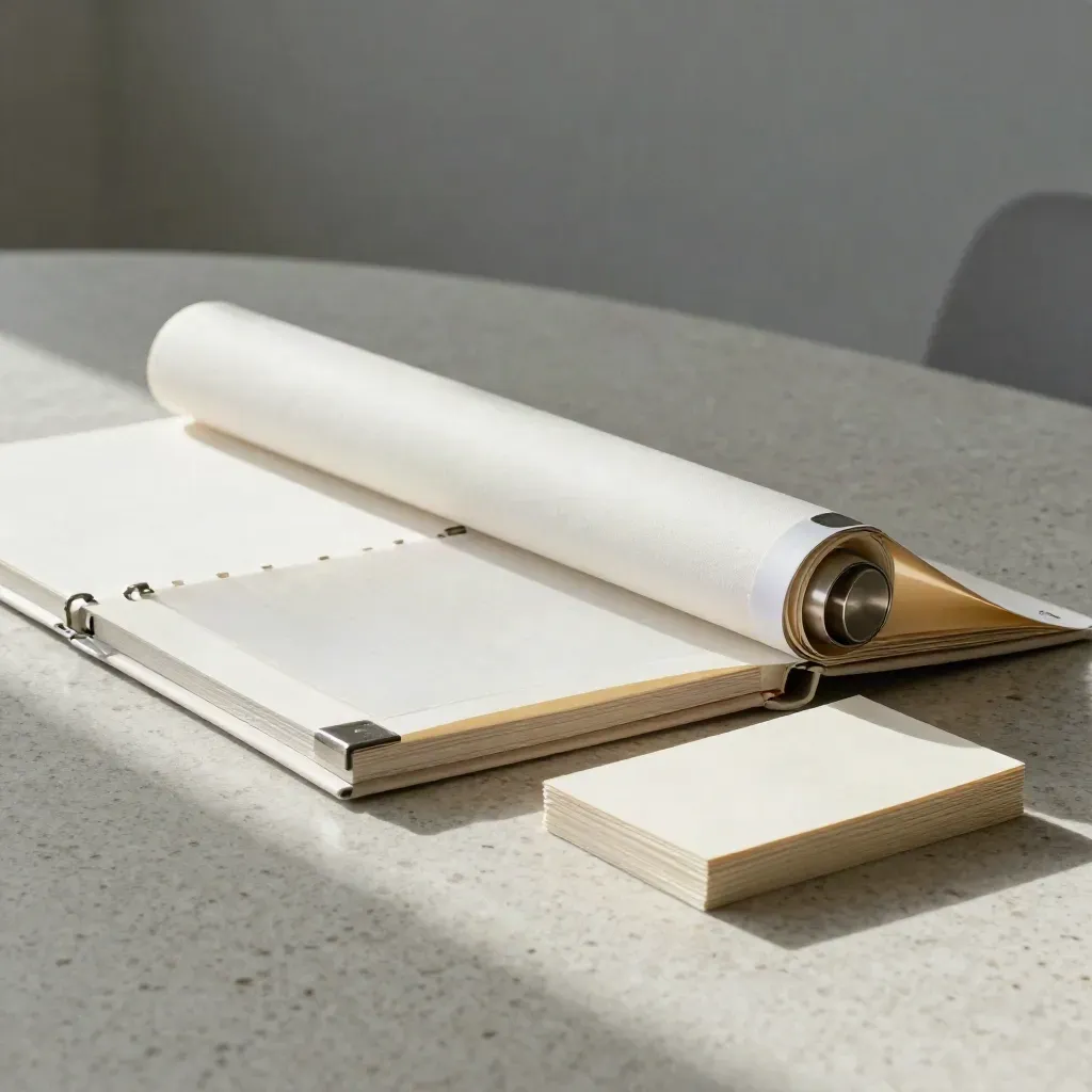 Travertine table with rollout binder, timeline sleeve and cream card stack in soft side light