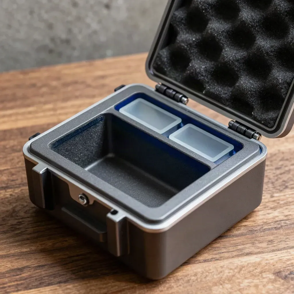Partly opened modular scoping case with foam cavities, frosted tiles and a blank prototype shell.