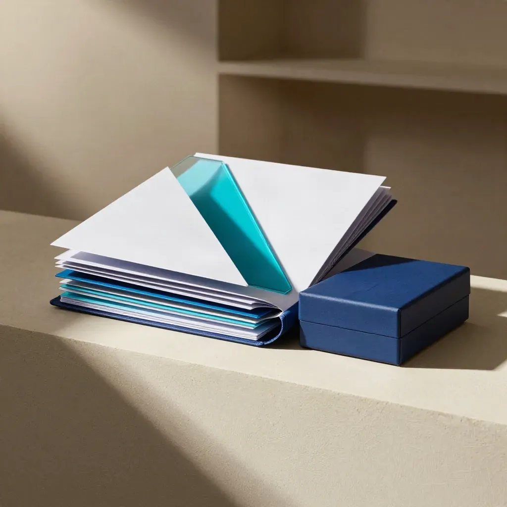 Cyan-edged AR roadmap pack with tabbed inserts and a briefing box on a plaster plinth.