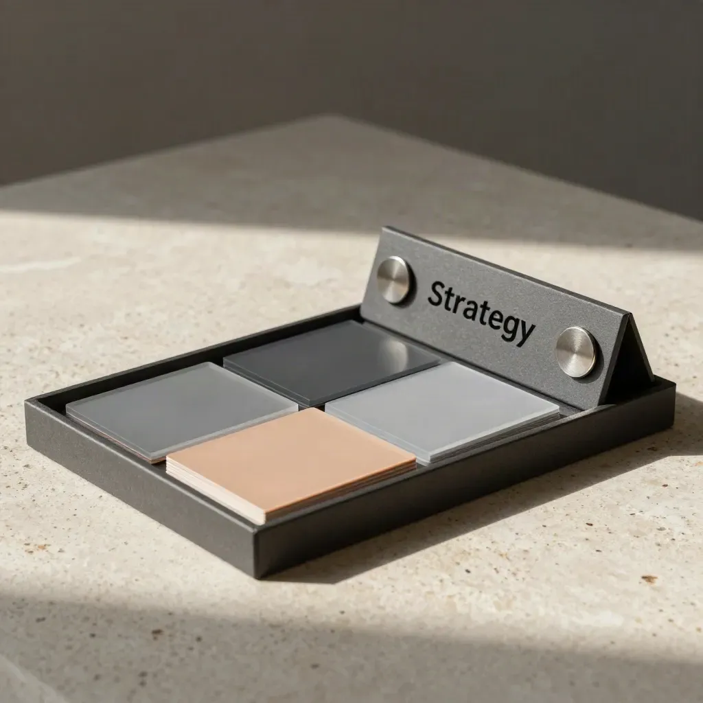 Retail pilot pack with sample tray, site markers and swatches on pale stone.
