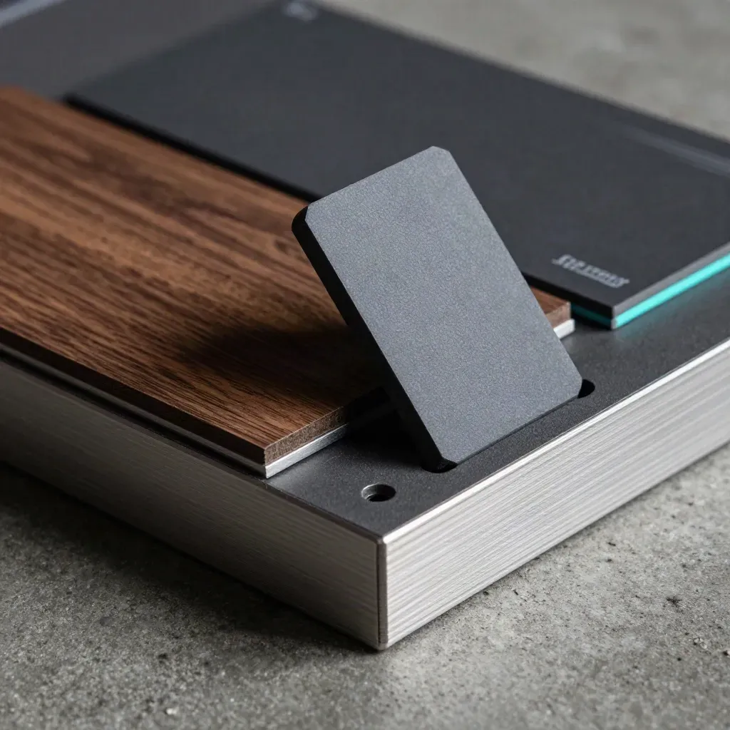 Macro of an industrial demo box, sample blocks and prototype shell on concrete with cyan highlight.