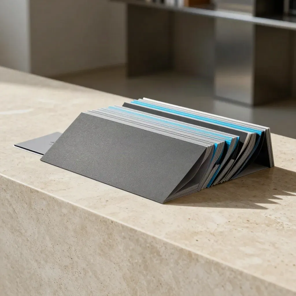 Graphite board pack folio on pale stone with cyan tab edge, sliding forward in soft side light