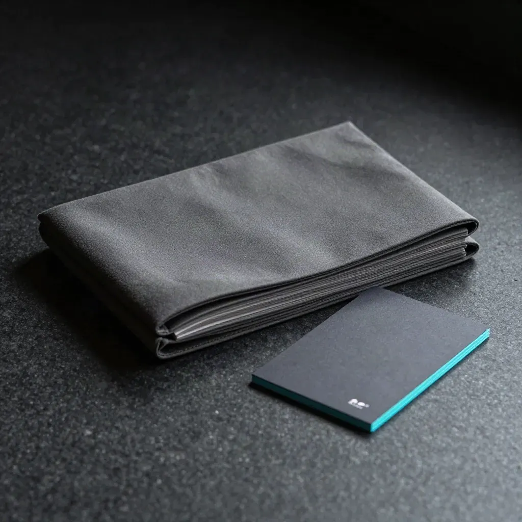 Dark AR review call kit with folded brief, follow-up card and sample sleeve on black stone.