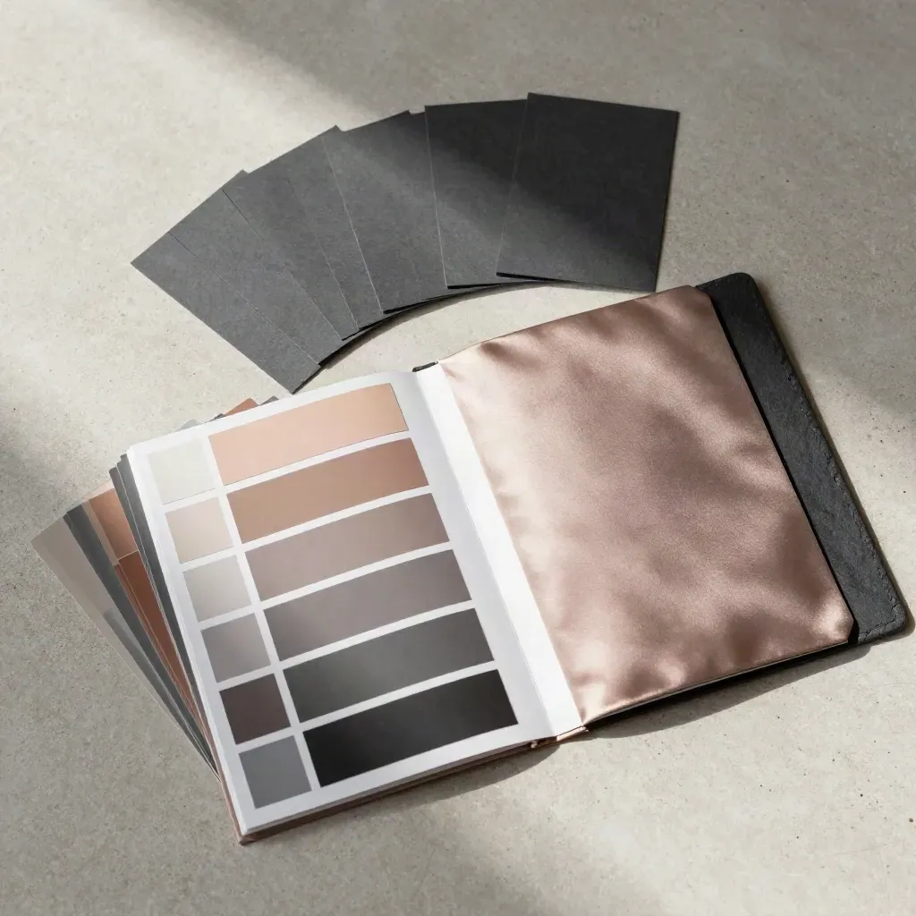 Overhead flatlay of an AR training bundle with cards, swatches, and folder on pale concrete.