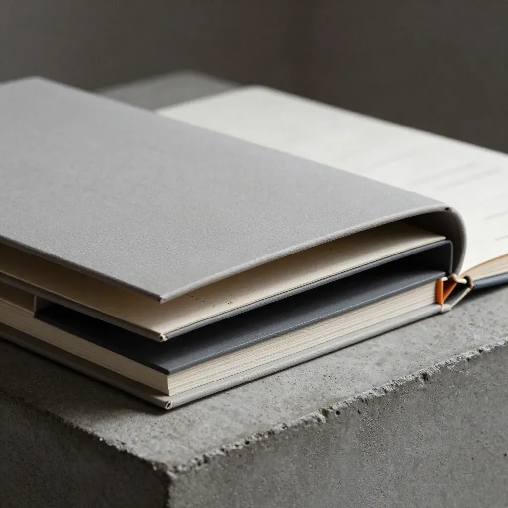 Open roadmap retainer case with tab dividers, insert tray and charcoal spine on concrete.