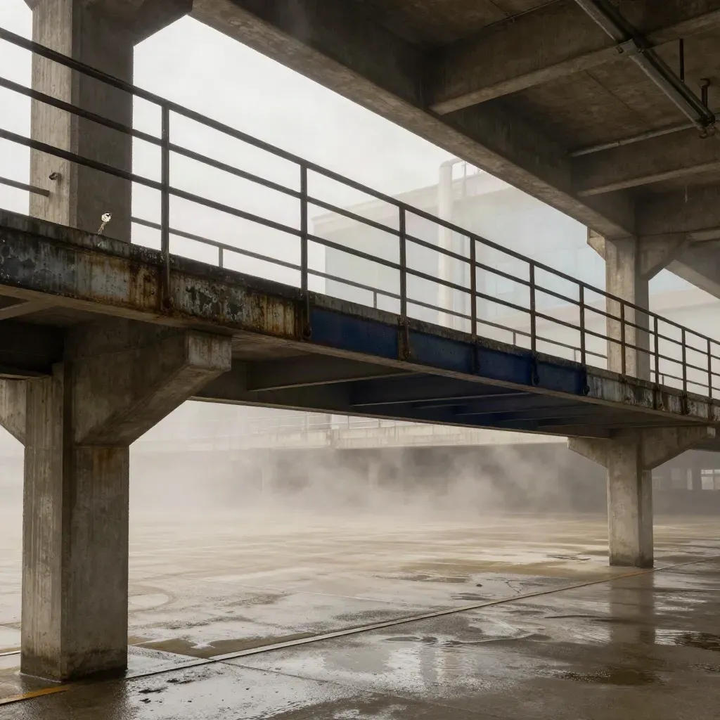 Rain-dark factory mezzanine with steel rails, glazed opening, and calm concrete copy space.