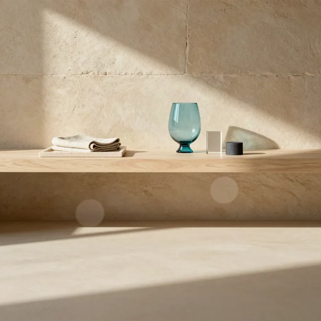 Sandstone interior with pale timber ledge and blurred cyan glass object above calm copy space