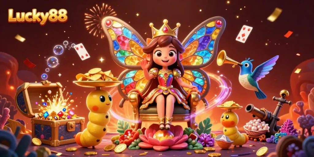 Experience the enchanting world of Lucky88 through this vibrant casino-themed illustration featuring exciting game elements and characters.