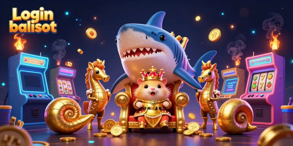 Experience the thrill of Login balislot with a golden hamster king and seahorse guards in a vibrant casino world.