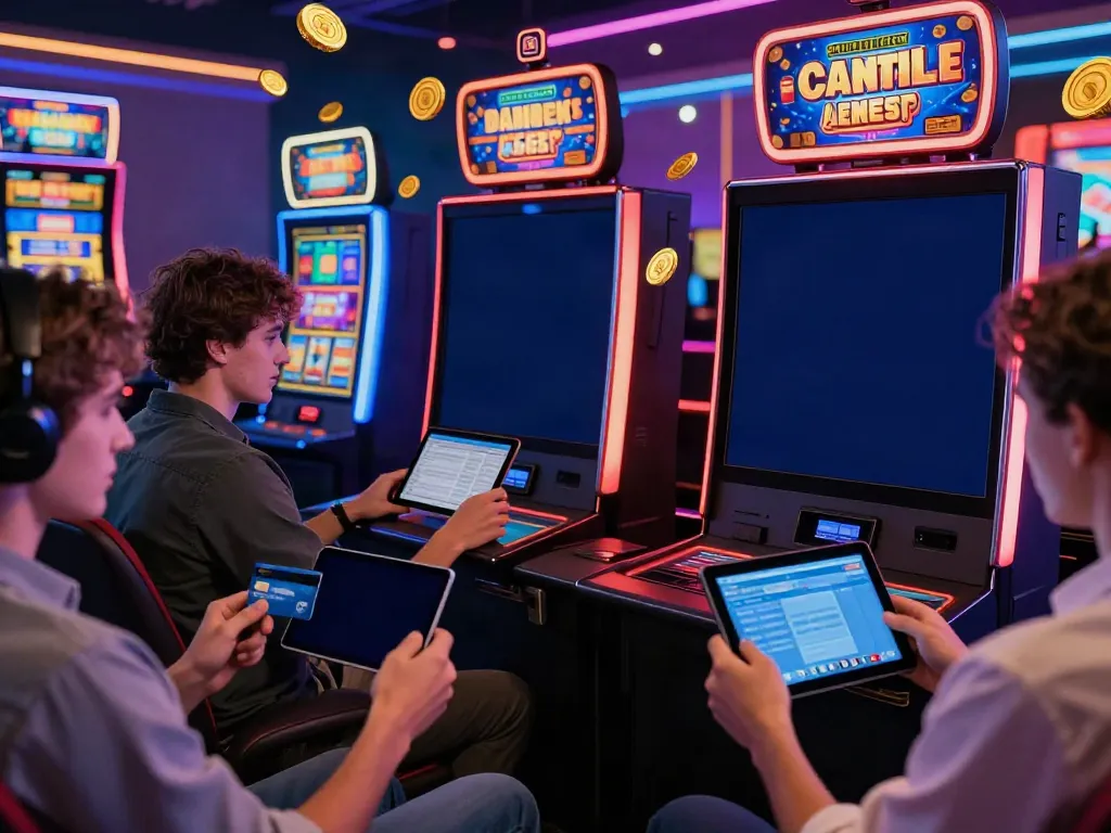 Engaged players enjoying games at online casinos that accept credit card with vibrant casino backdrop.