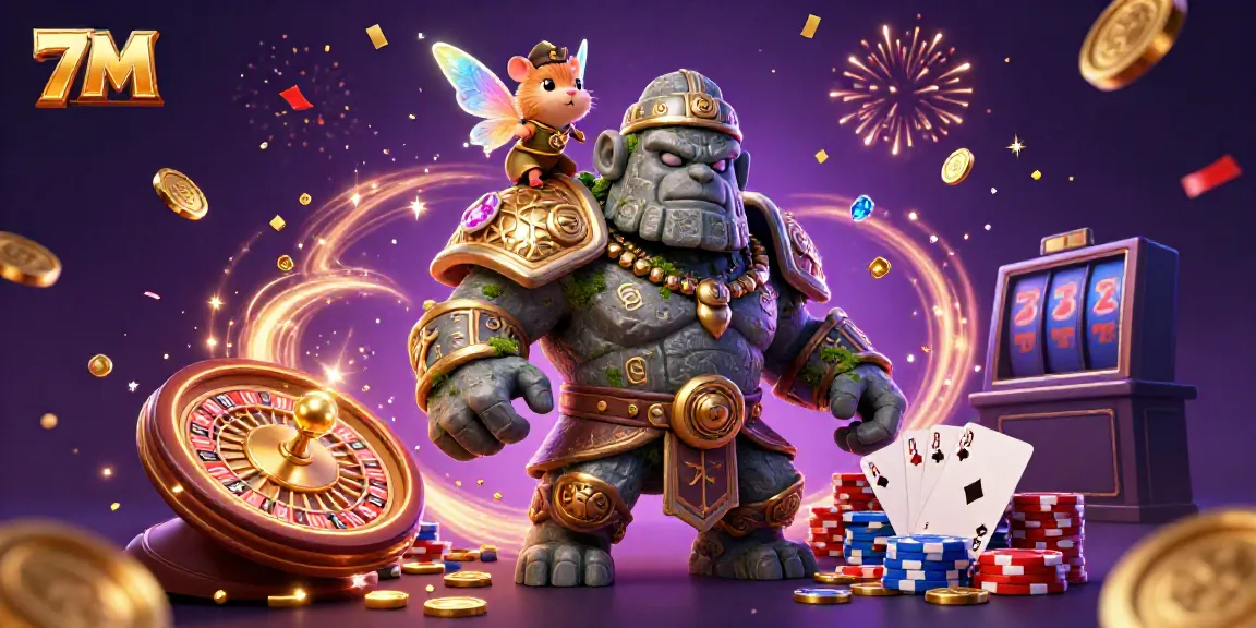 The vibrant 7M scene features a golem guardian, a fairy casting magic, and a hamster knight amidst energetic casino elements.