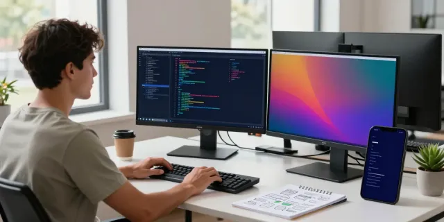 Developer using instant indexing tools in a bright workspace with dual monitors and vibrant code.