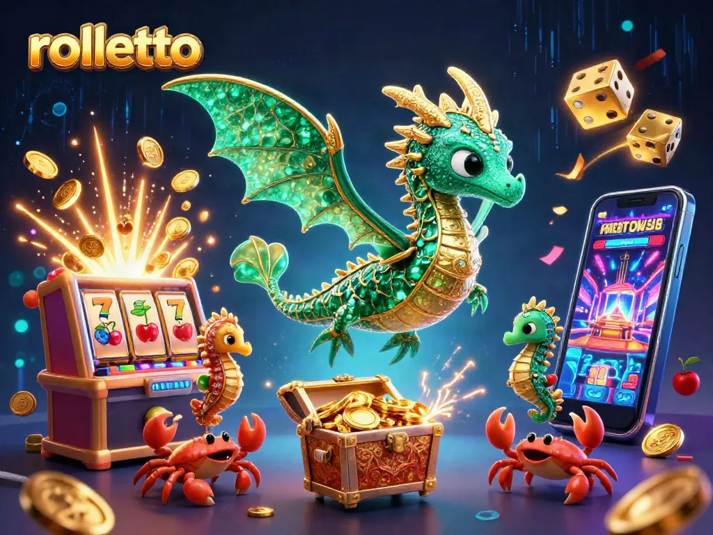 Spin the reels at rolletto, featuring a vibrant treasure-filled casino scene with a lively sea dragon and slot machine.