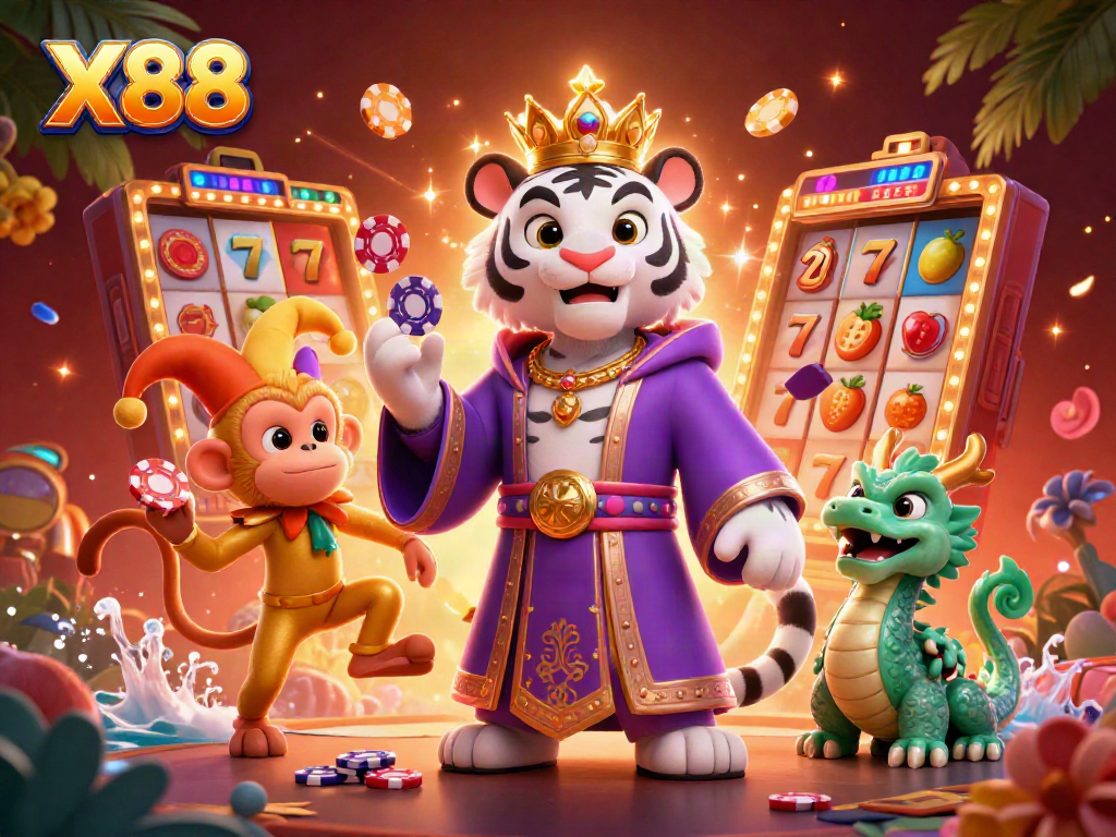 Exciting X88 poker scene featuring a tiger, monkey, and dragon in a colorful casino atmosphere