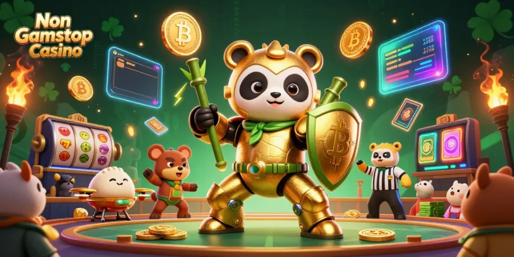 Experience the thrill of Non Gamstop Casino with a dynamic 3D mech-suit golden panda battling in an exciting gaming arena.