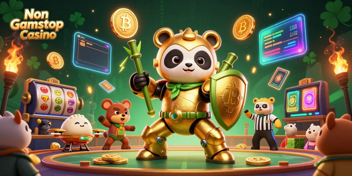 Experience the thrill of Non Gamstop Casino with a dynamic 3D mech-suit golden panda battling in an exciting gaming arena.
