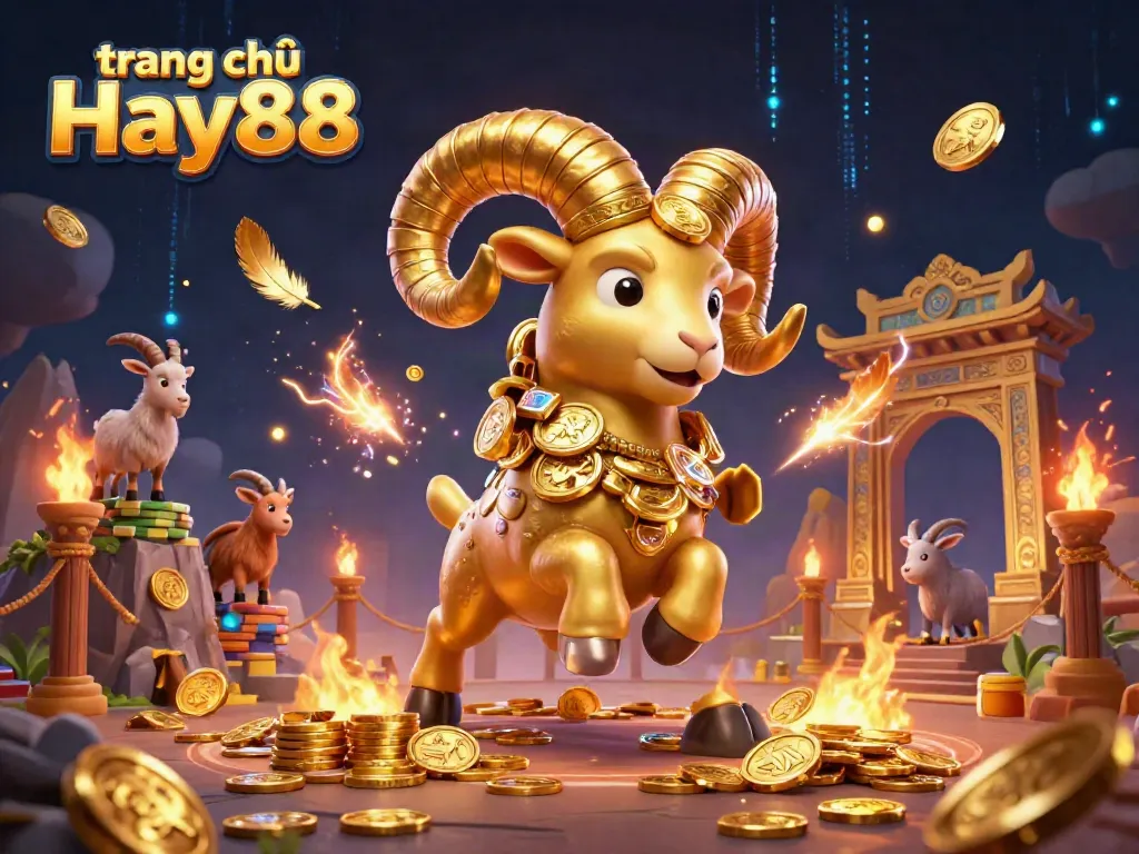 Experience the excitement of trang chủ Hay88 with golden ram charging into a vibrant gambling arena.