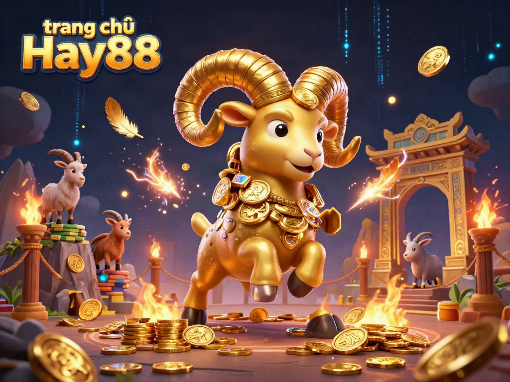 Experience the excitement of trang chủ Hay88 with golden ram charging into a vibrant gambling arena.