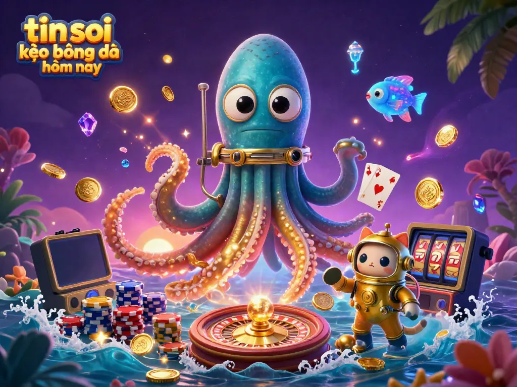Engage with tin soi kèo bóng đá hôm nay featuring a dynamic cartoon scene of a kraken and diving cat in a treasure-laden ocean.