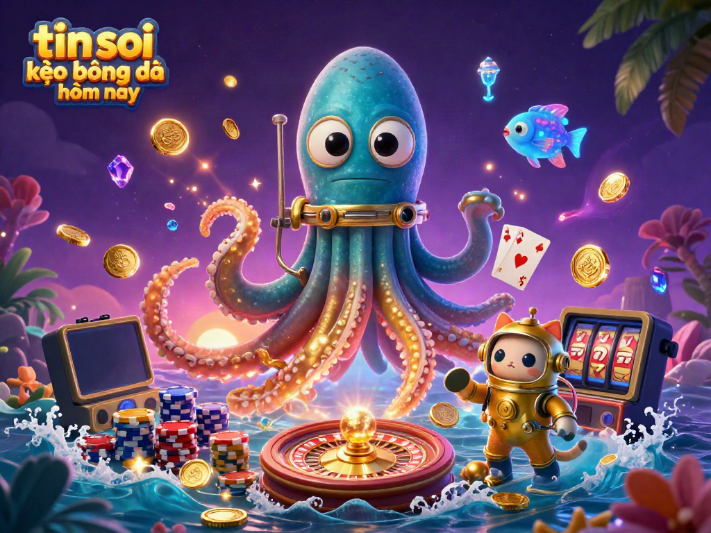 Engage with tin soi kèo bóng đá hôm nay featuring a dynamic cartoon scene of a kraken and diving cat in a treasure-laden ocean.