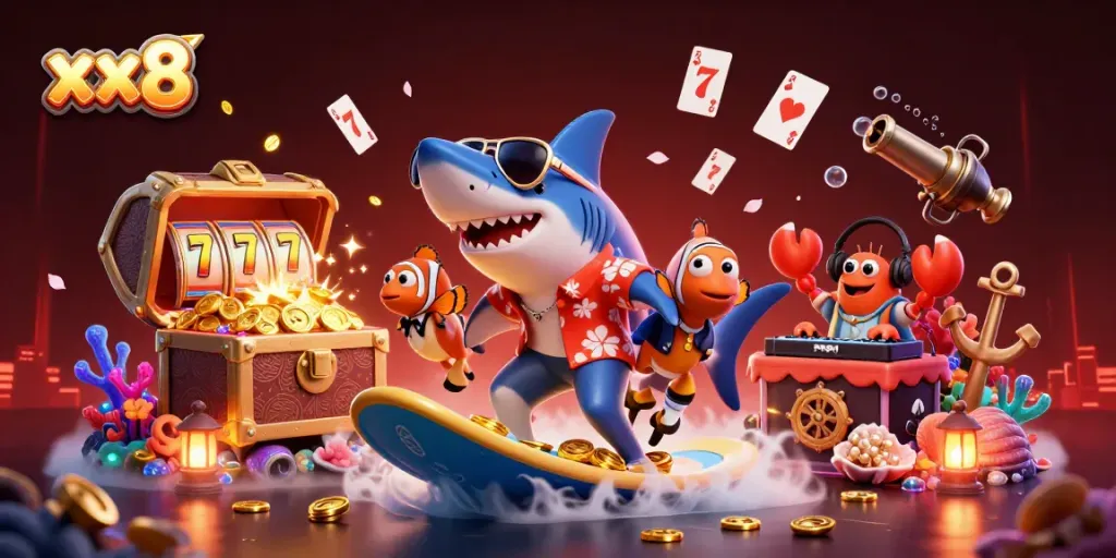 Surf the wave of gold coins with xx8's vibrant casino experience in this 3D illustration.