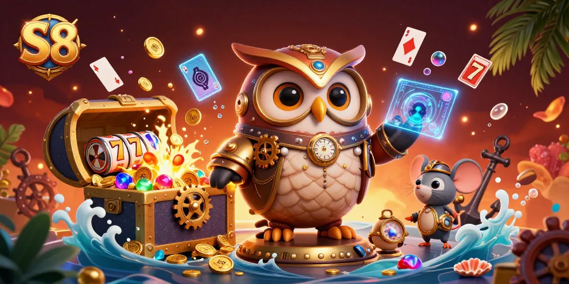 S8 slots and jackpots, a lively 3D scene featuring a time-traveler owl and casino elements.