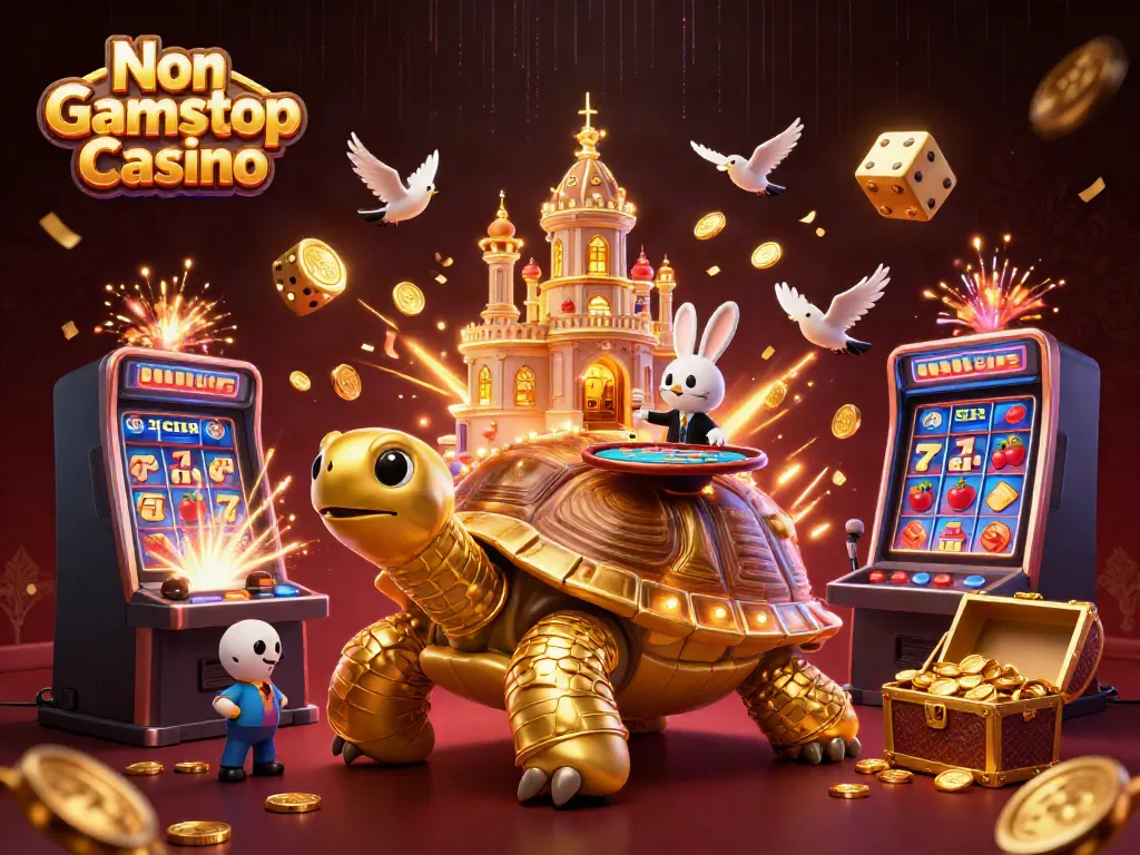 Experience excitement at a Non Gamstop Casino with a golden tortoise carrying a vibrant casino palace and flying coins.