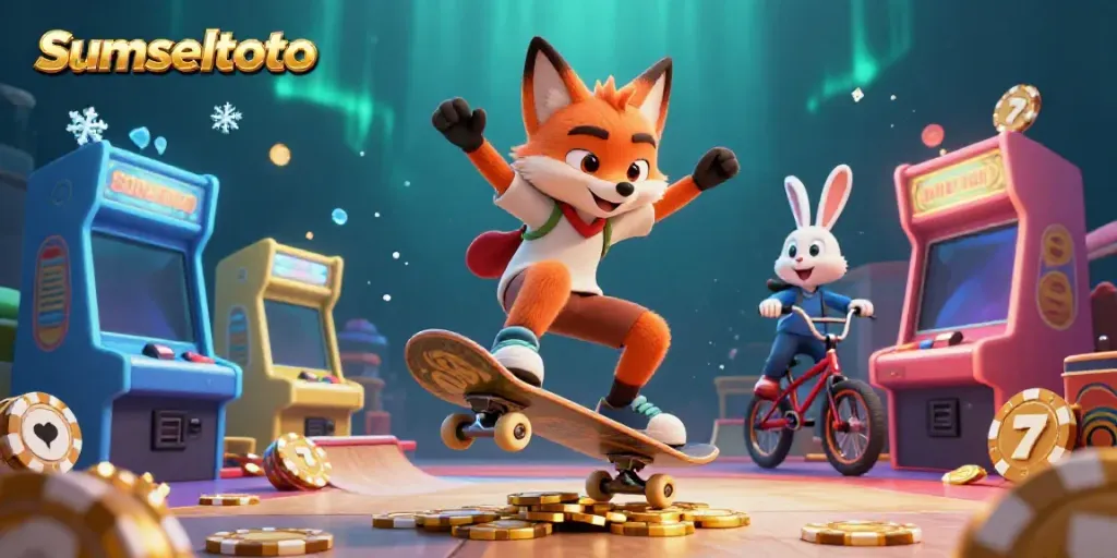 Experience sumseltoto excitement with a 3D skateboarder fox and BMX rabbit in a vibrant gaming scene.