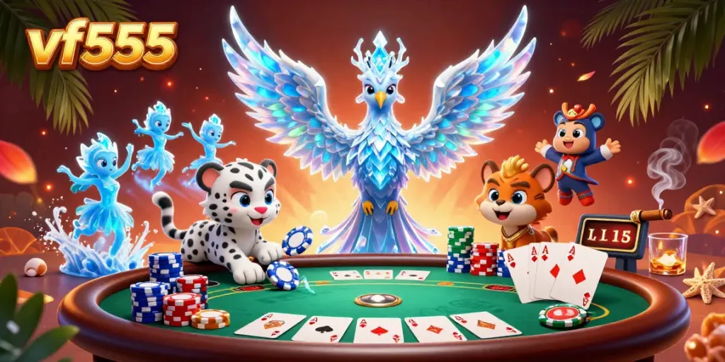 Experience the excitement of vf555 with a vivid casino scene featuring a phoenix and poker elements.