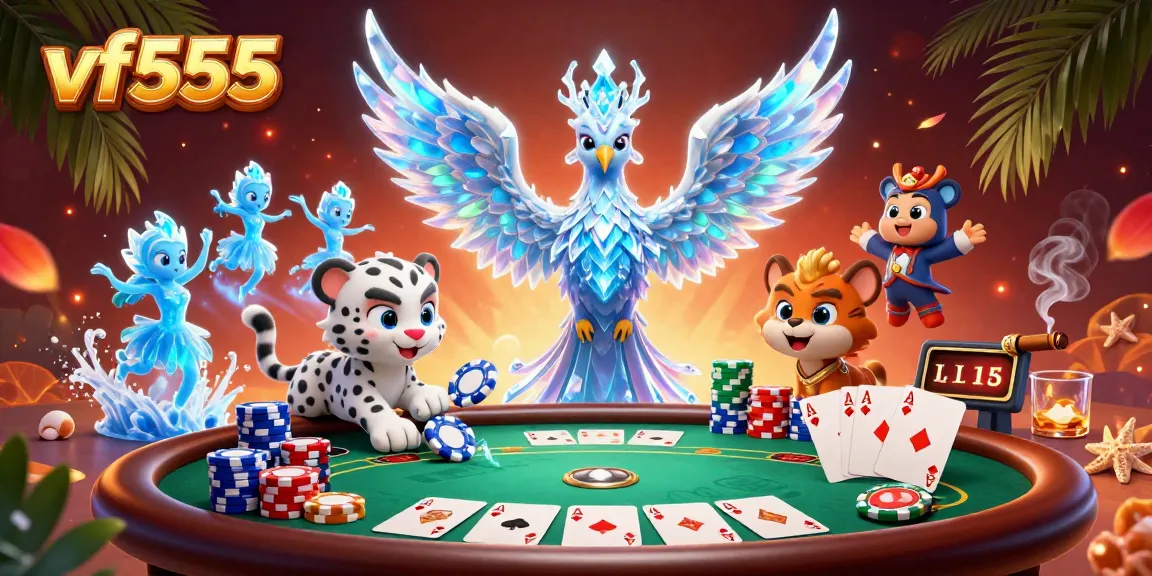 Experience the excitement of vf555 with a vivid casino scene featuring a phoenix and poker elements.