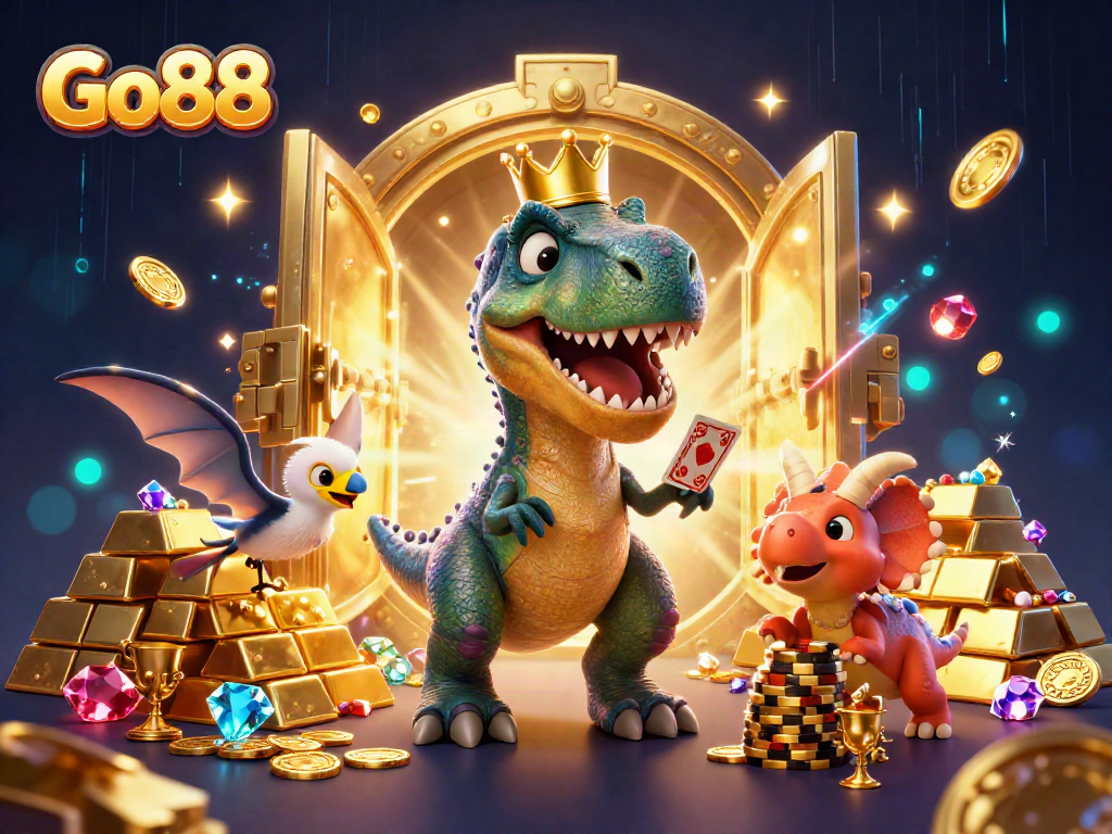 Go88 showcases fun gameplay with vibrant cartoon characters shuffling cards and stacking chips amidst treasure.