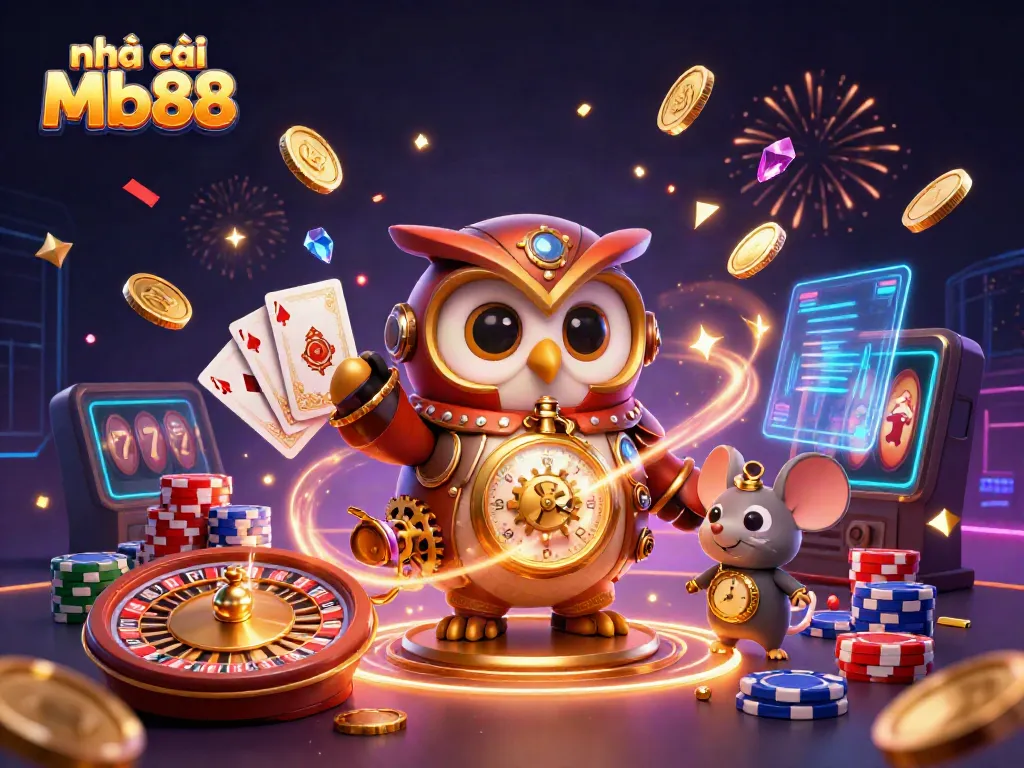 Experience excitement at nhà cái Mb88 with a whimsical steampunk owl and engaging casino elements.