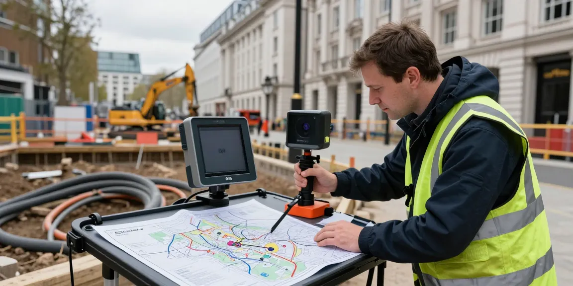 Underground Utility Survey London in action with a surveyor using GPR equipment near construction.