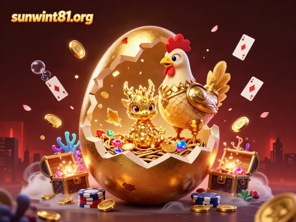 Engage with the sunwint81org gaming world, featuring a golden dragon amidst a treasure of chips and glowing elements.