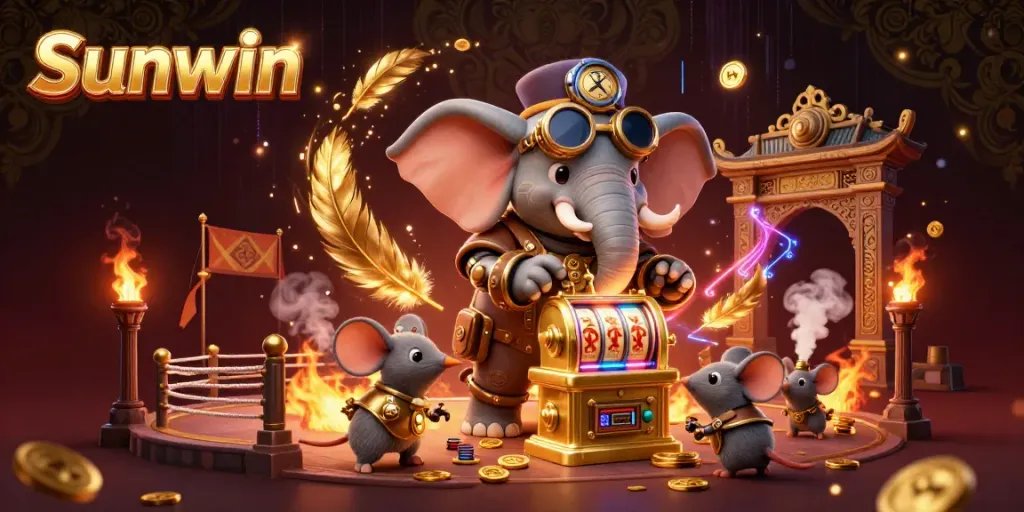 Engage with Sunwin's dynamic steampunk casino world featuring a golden slot machine and energetic characters.