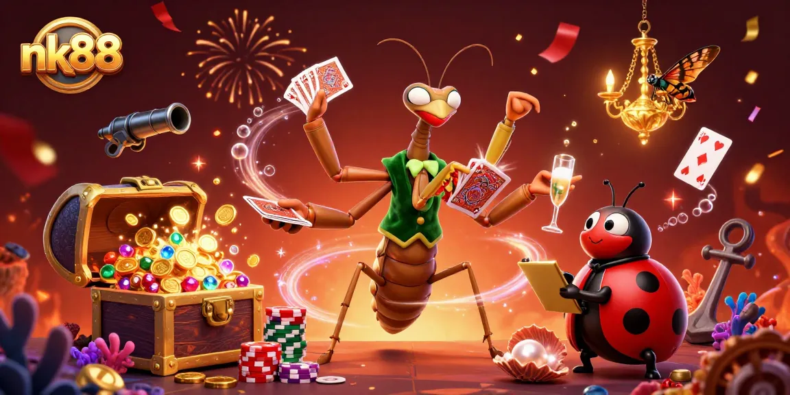 nk88 vibrant gaming scene showcasing a 3D mantis dealer and ladybug pit boss in a casino