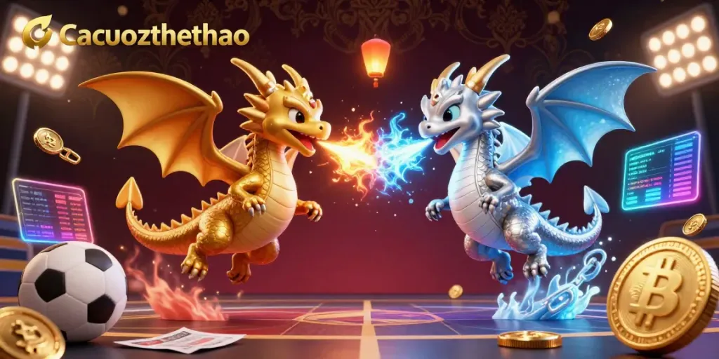 Cacuocthethao showcases a dynamic 3D scene with twin dragons and sports betting elements intertwined in an electrifying atmosphere.