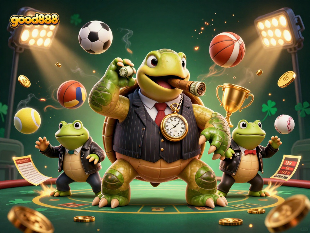 Experience the thrill of good888 gaming with a vibrant, action-packed casino scene featuring a cartoon turtle in a suit.
