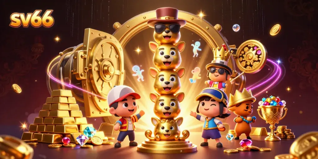 Join the excitement at sv66 as golden treasures and a whimsical totem pole create a dazzling casino scene.