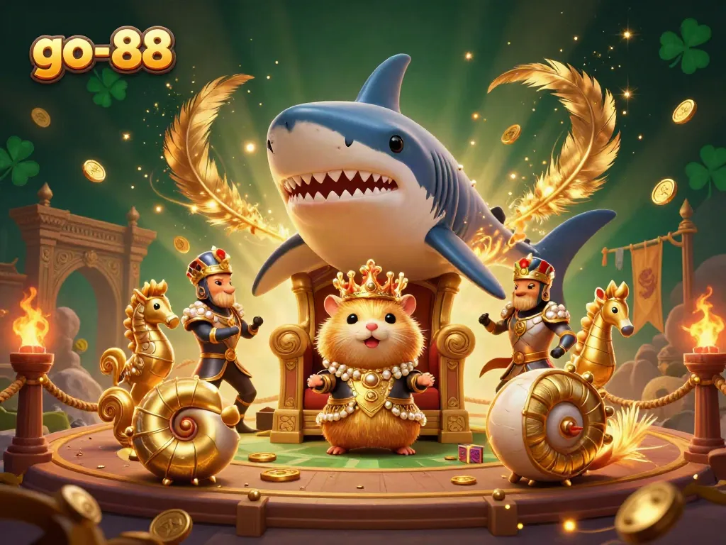 Play and win with go-88 at an exciting casino scene featuring a golden hamster king and dynamic gaming elements.