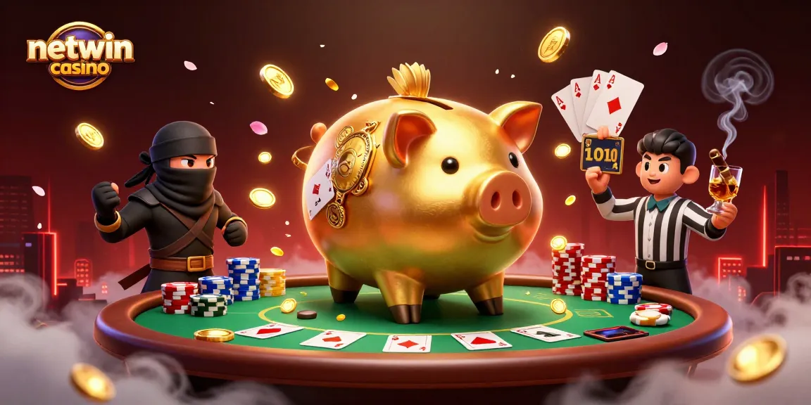 Engage with netwin casino action featuring a golden piggy bank wrestler among poker elements.