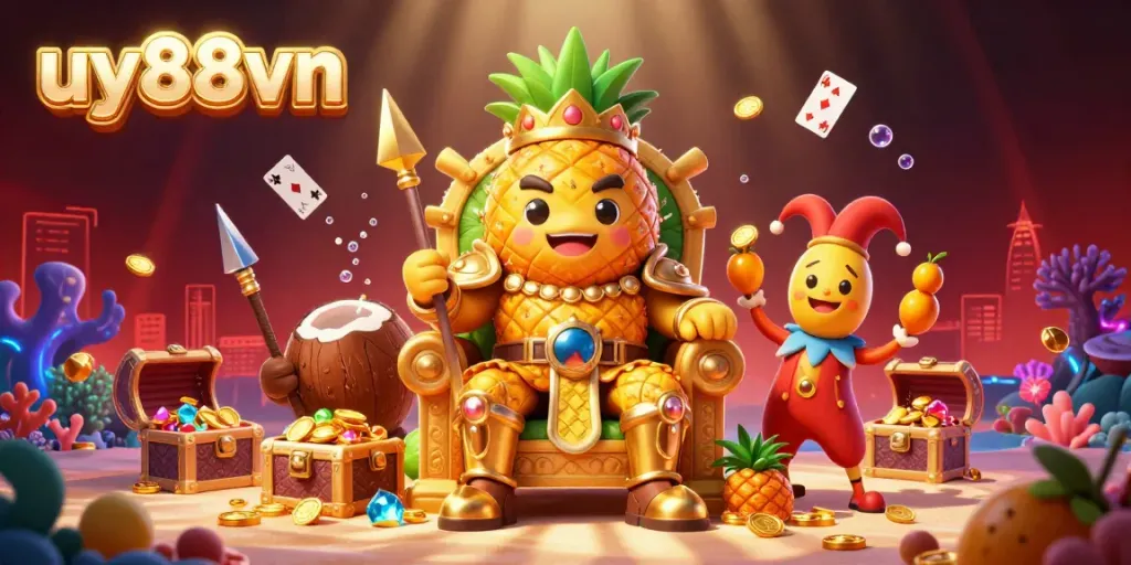 Engage with uy88vn's dynamic gaming scene featuring a pineapple king and vibrant beach casino elements.