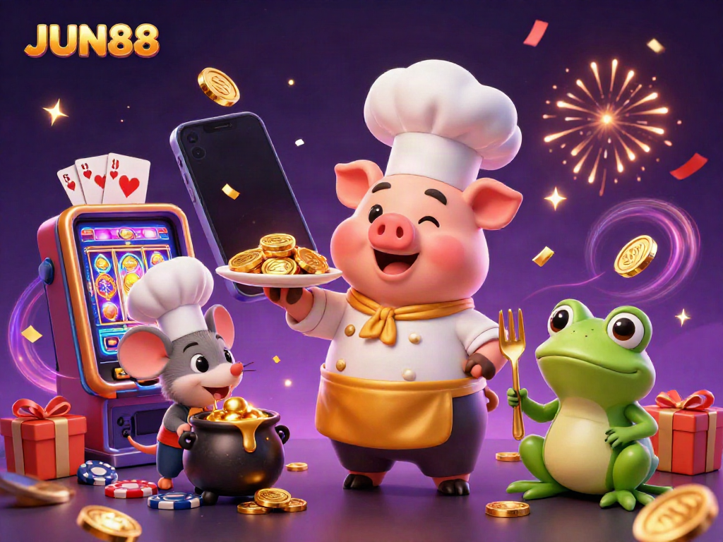 Engaging JUN88 themed casino scene showcasing characters enjoying vibrant slot games, golden coins, and festive elements.