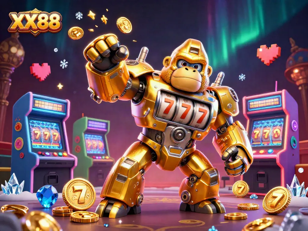 Engage with the vibrant XX88 casino scene showcasing a golden gorilla mech amidst dynamic slot machine elements.