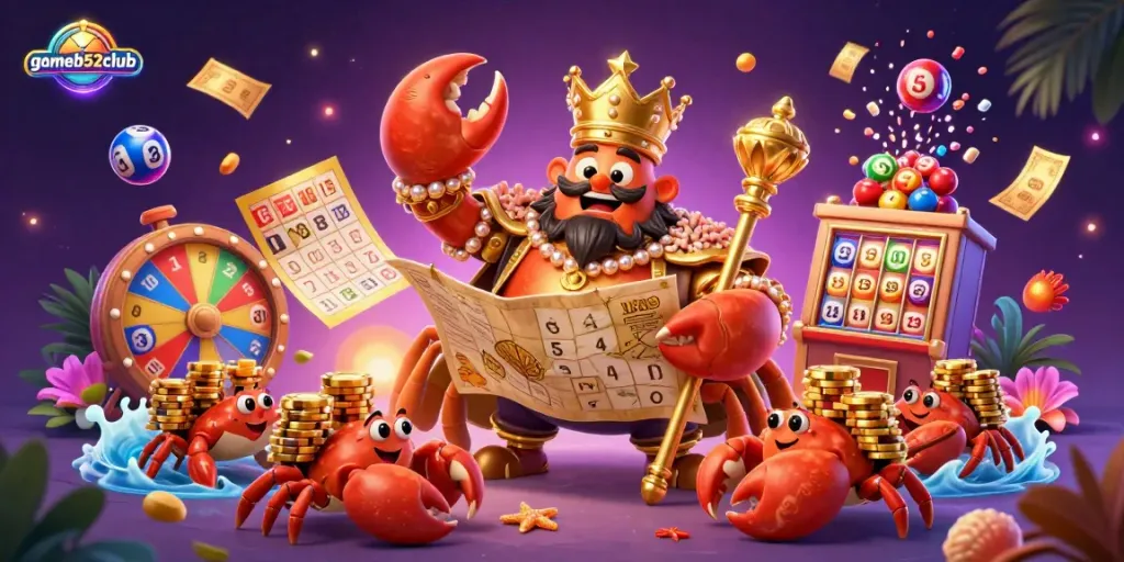Experience the excitement of gameb52club with a vibrant scene featuring a golden crab emperor and dynamic casino elements.