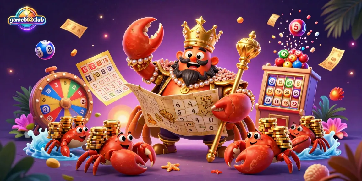 Experience the excitement of gameb52club with a vibrant scene featuring a golden crab emperor and dynamic casino elements.