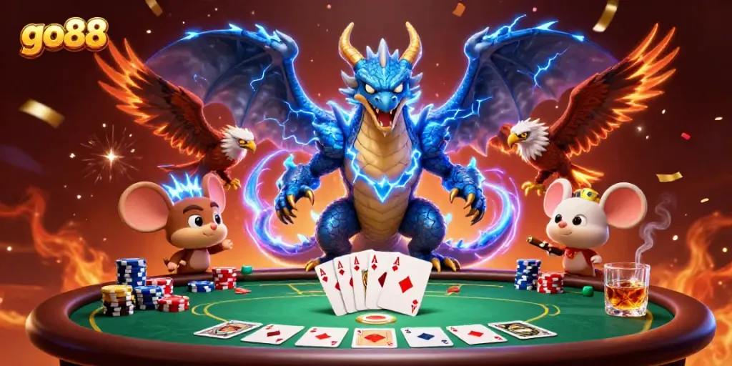 Engage in thrilling gaming action at go88, featuring vibrant characters at a poker table in an electric atmosphere.
