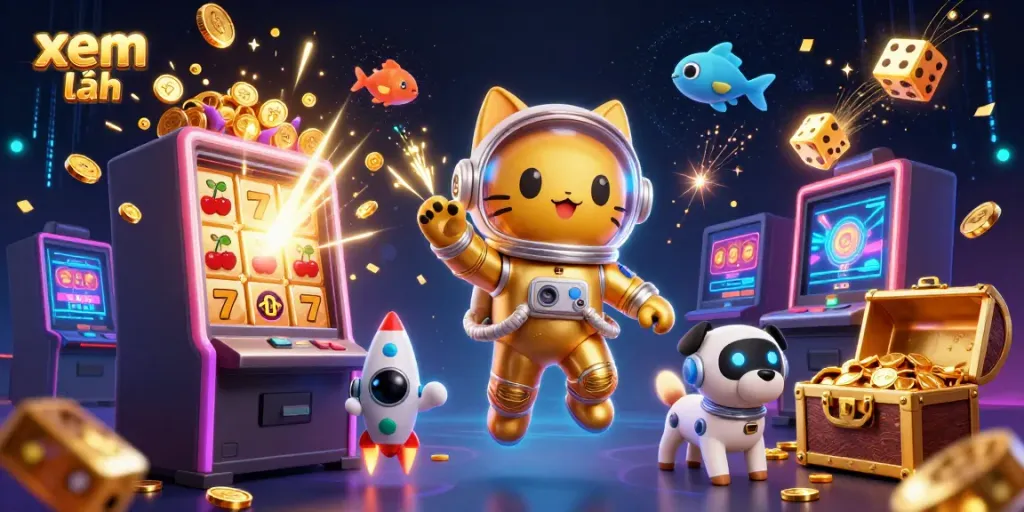 Exciting 3D illustration depicting a golden astronaut cat and robot dog exploring a vibrant casino universe, xem thêm with slot machines and confetti.